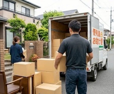 家から荷物を運び出すスタッフ