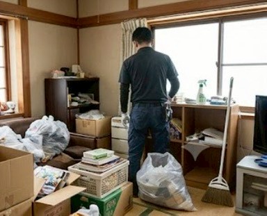 荷物の多い部屋を丁寧に片付けるスタッフ