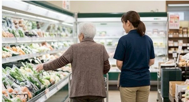 高齢の利用者の買い物に付き添うスタッフ